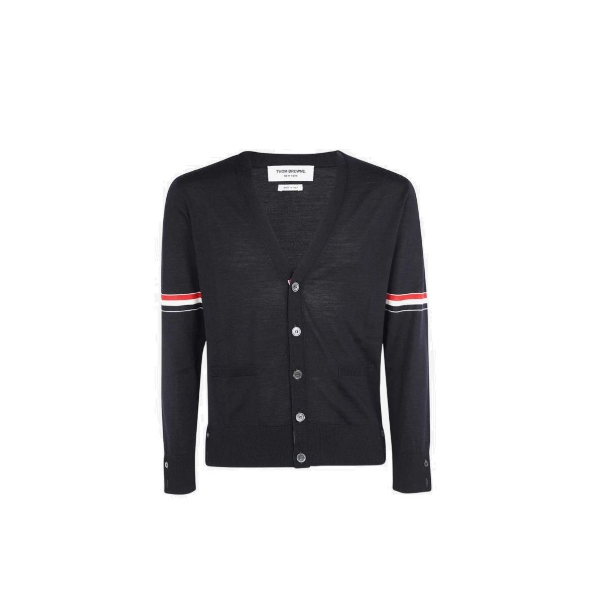 톰브라운 파인 메리노 울 스트라이프 브이넥 가디건